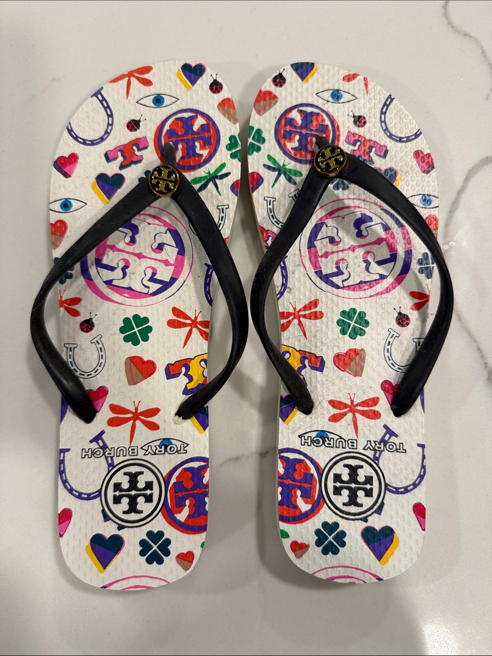Tory Burch White Logo & Icon Print Flip-Flops